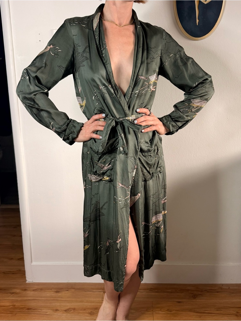 Women’s Green Satin Tie-Waist Robe